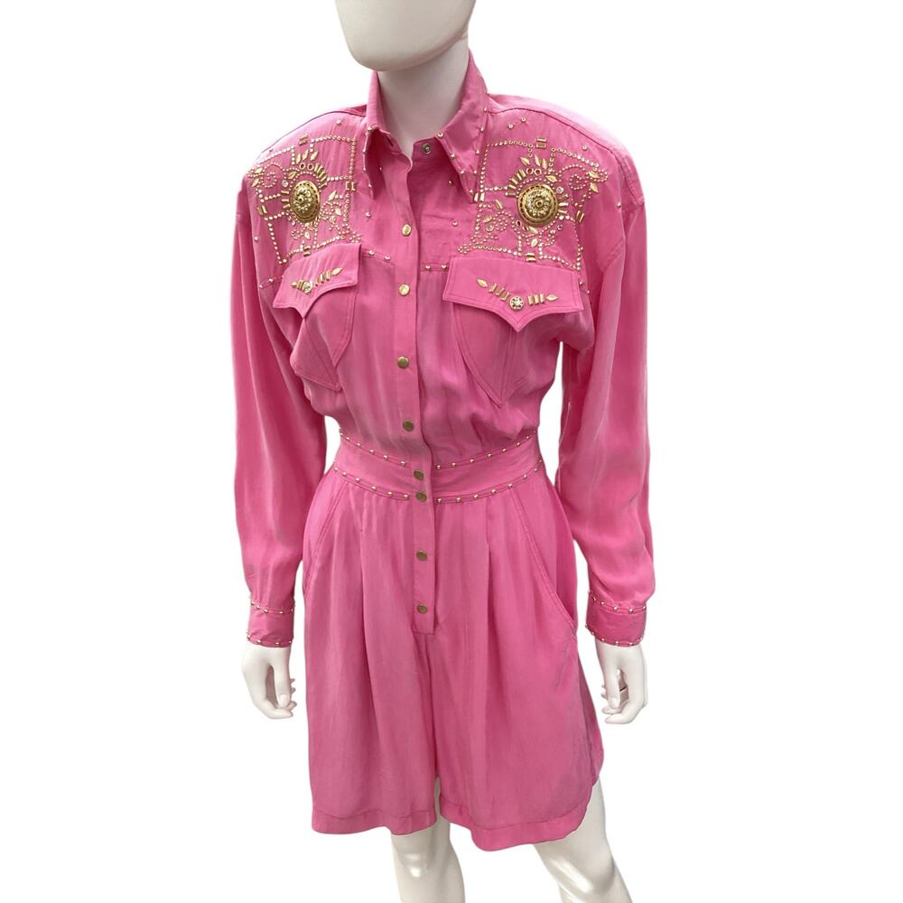 VTG Caché Romper Women’s SZ S Long Sleeve Gold Rivets &Studs Rhinestones Pink